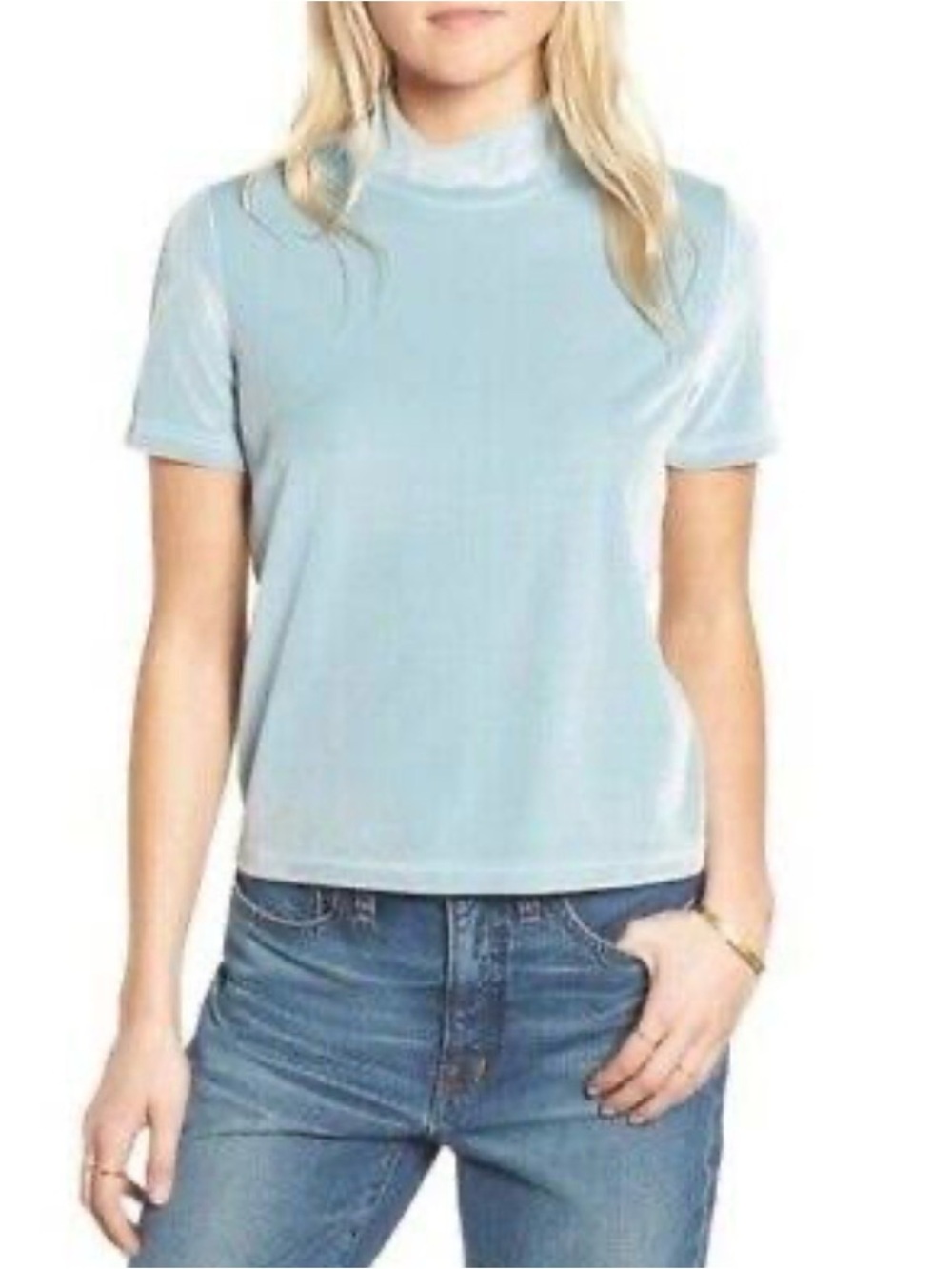 Madewell Velvet Mockneck Tee in Ice Blue / Light Teal - Size Mediym